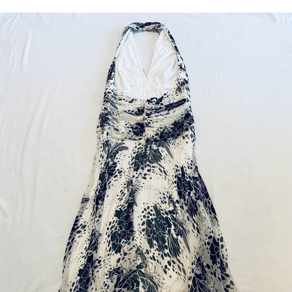 Tadashi silk halter dress Women’s 12 black white midi floral cocktail pleated. - Picture 13 of 14